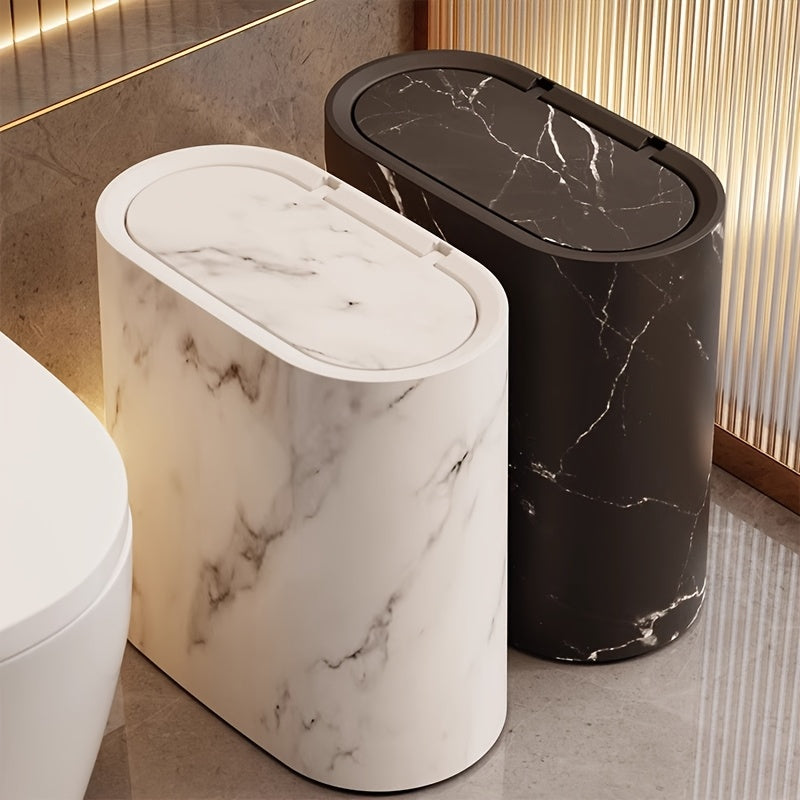 Mara Kitchen Trash Can with a modern marble pattern and space-saving oval design, perfect for contemporary kitchens. 10