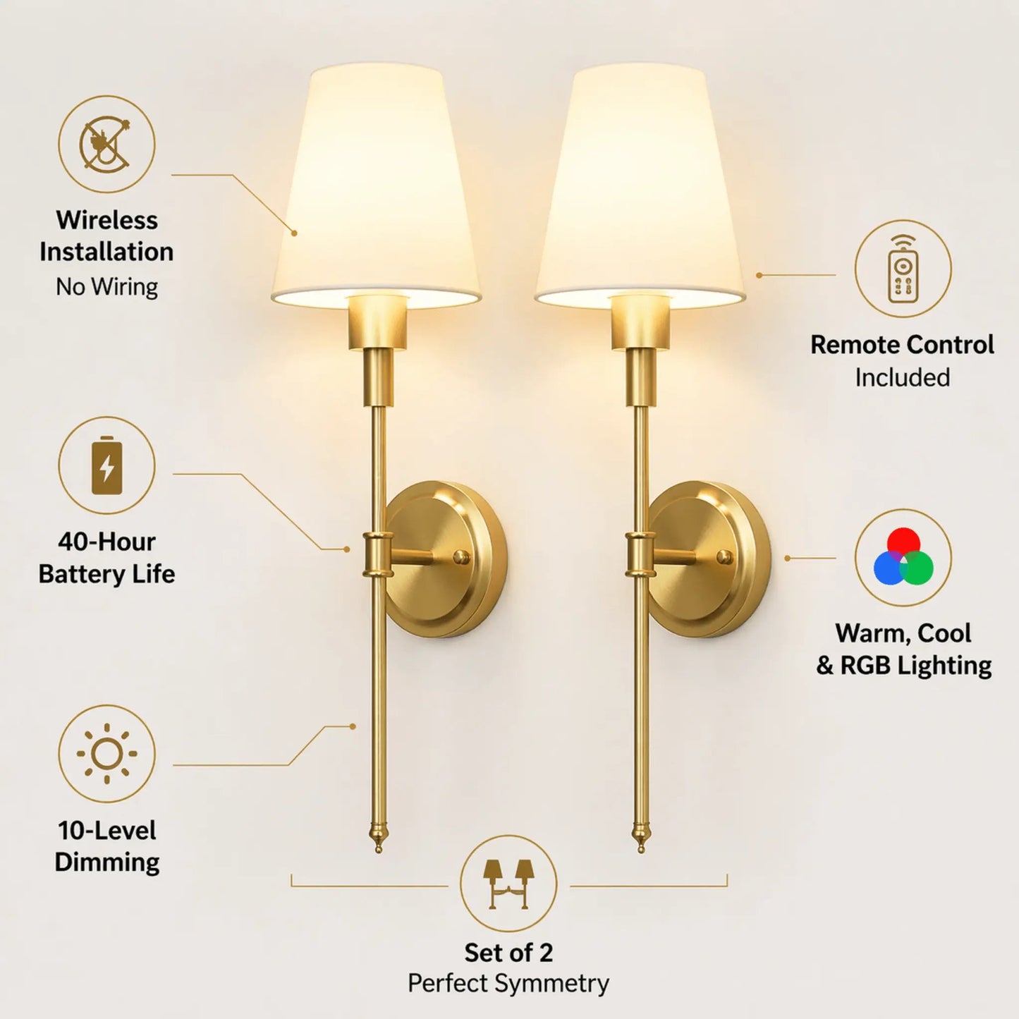 Aurelia Wall Sconces | Rechargeable, Remote-Controlled, Minimal Gold Finish 4