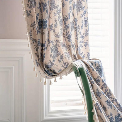 Bola Curtain Panel | Linen Floral Draperies with Beige Tassels 0