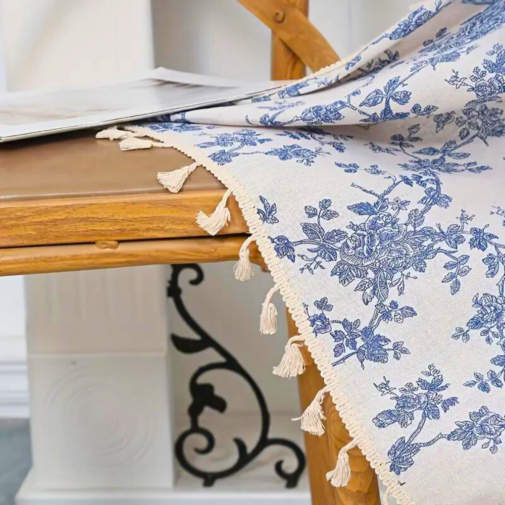 Bola Curtain Panel | Linen Floral Draperies with Beige Tassels 1
