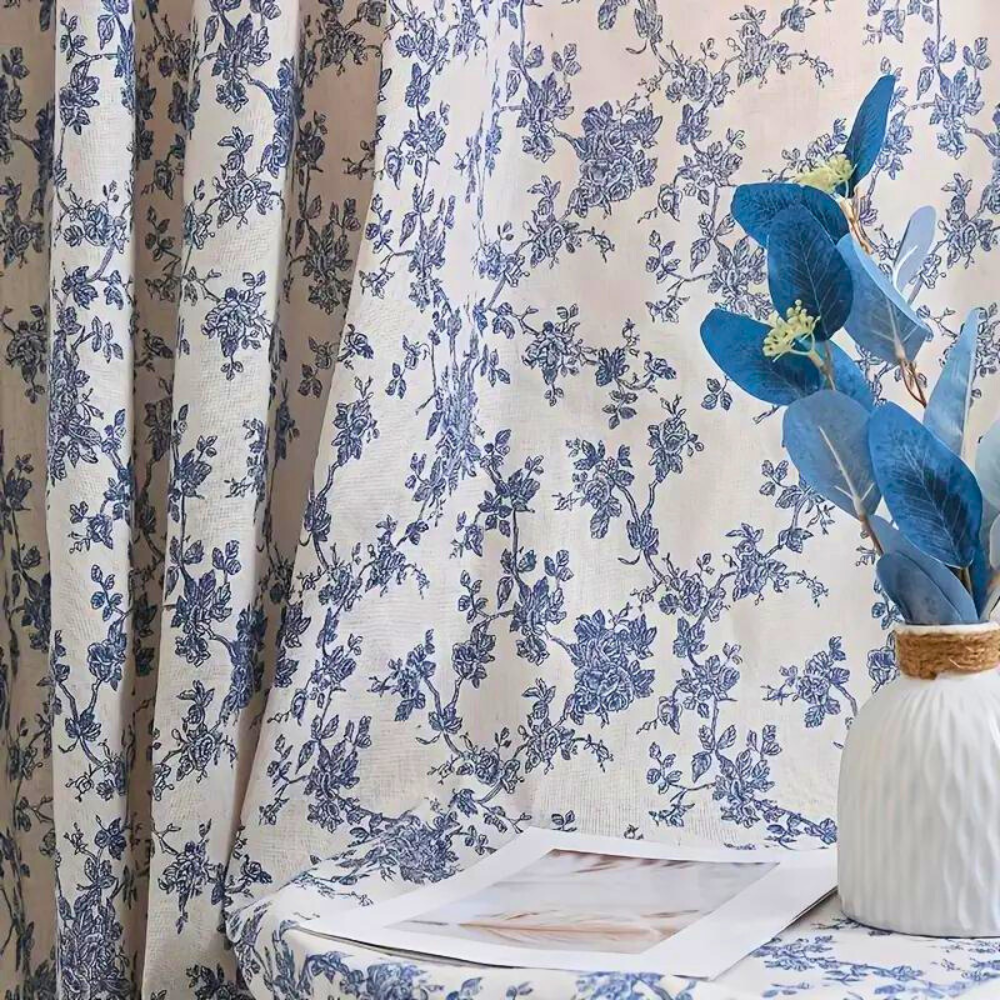 Bola Curtain Panel | Linen Floral Draperies with Beige Tassels 2