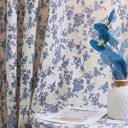 Bola Curtain Panel | Linen Floral Draperies with Beige Tassels 2