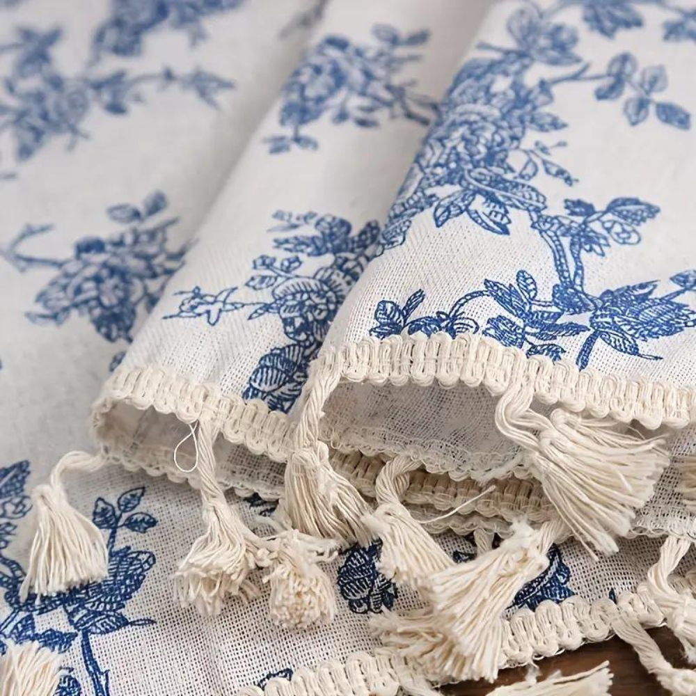 Bola Curtain Panel | Linen Floral Draperies with Beige Tassels 3