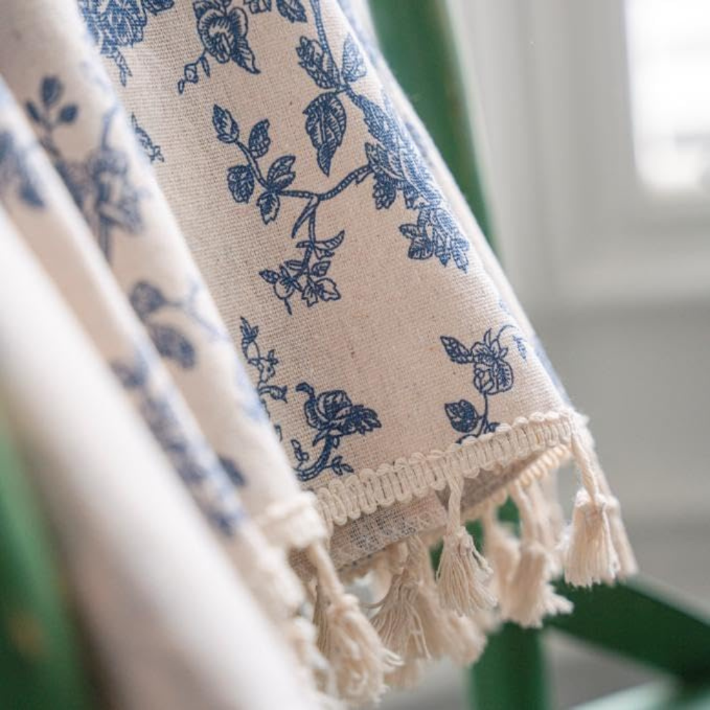 Bola Curtain Panel | Linen Floral Draperies with Beige Tassels 4