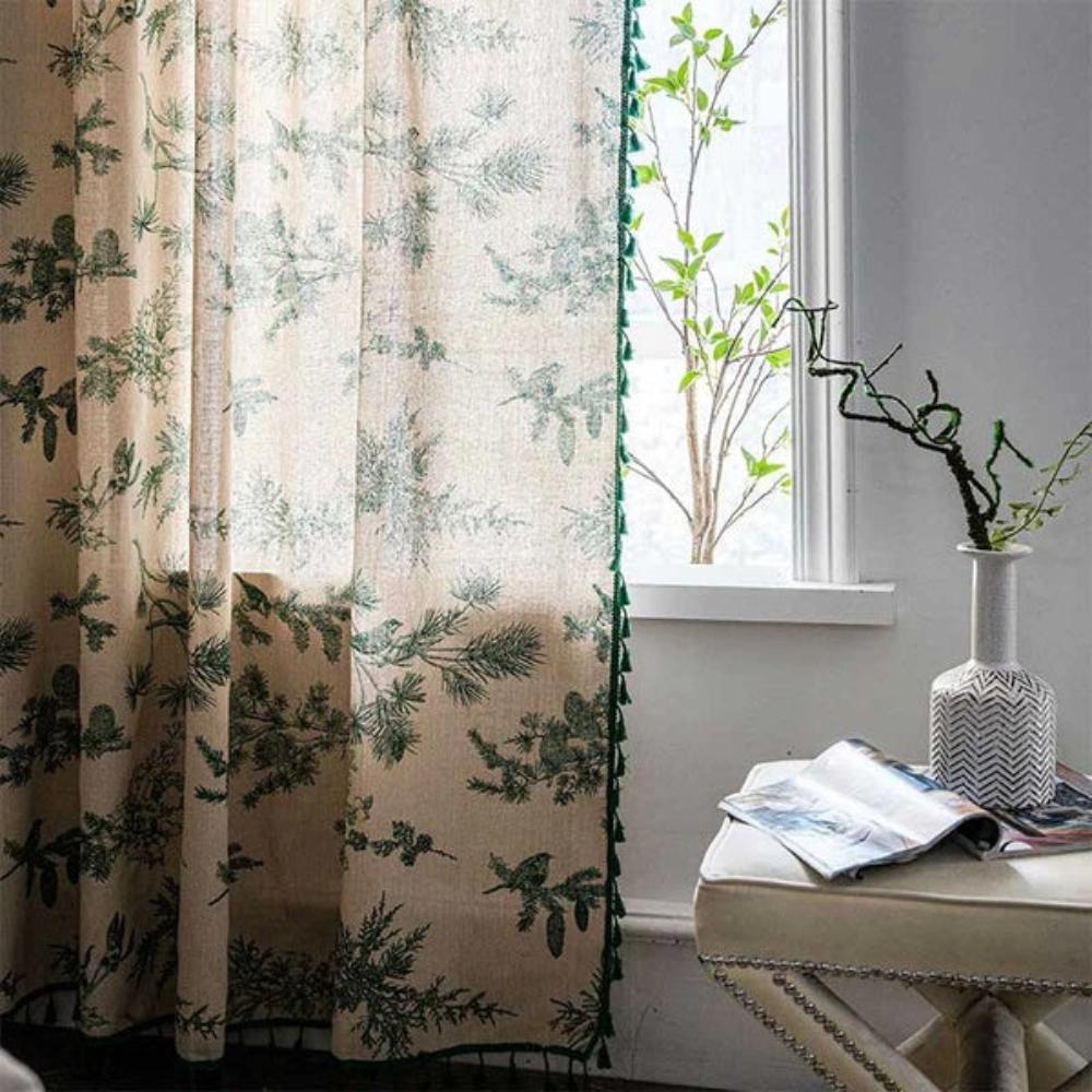 Bora Curtain Panel | Linen Blend, Botanical Bird Print with Tassel Trim 0