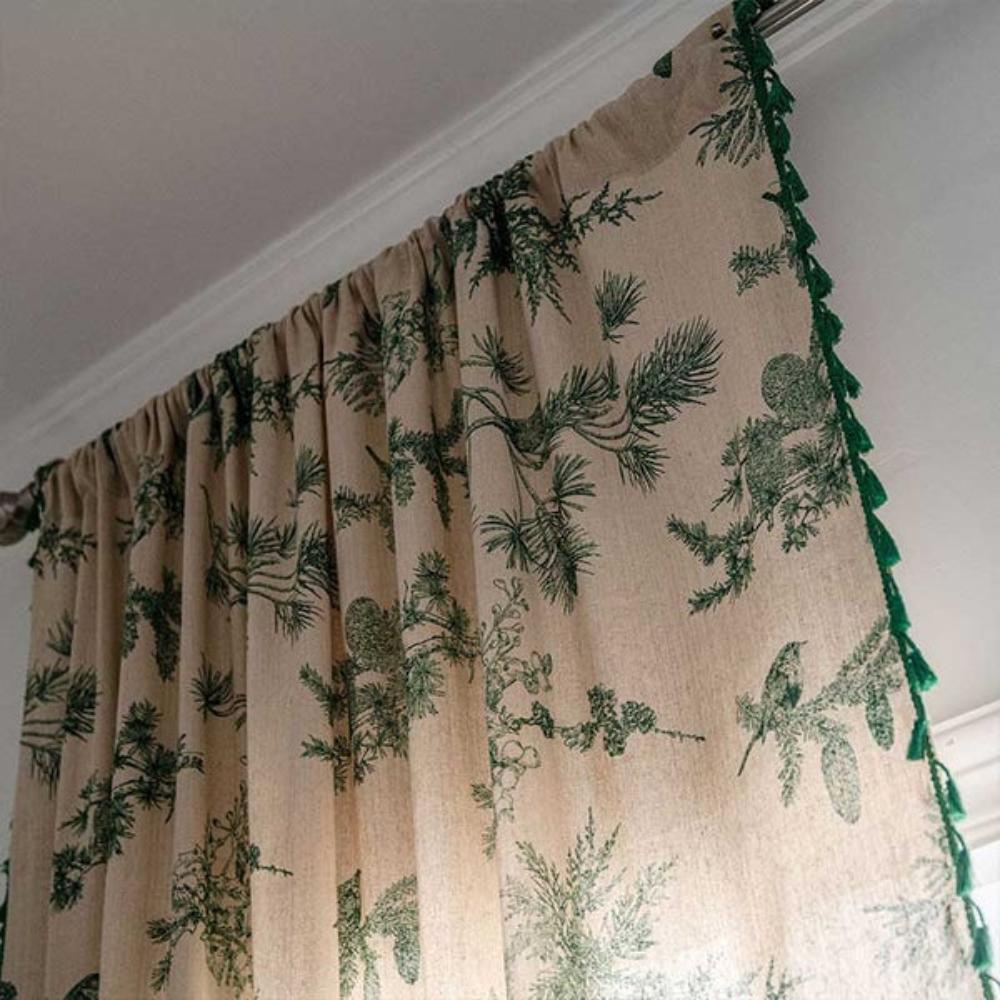 Bora Curtain Panel | Linen Blend, Botanical Bird Print with Tassel Trim 2