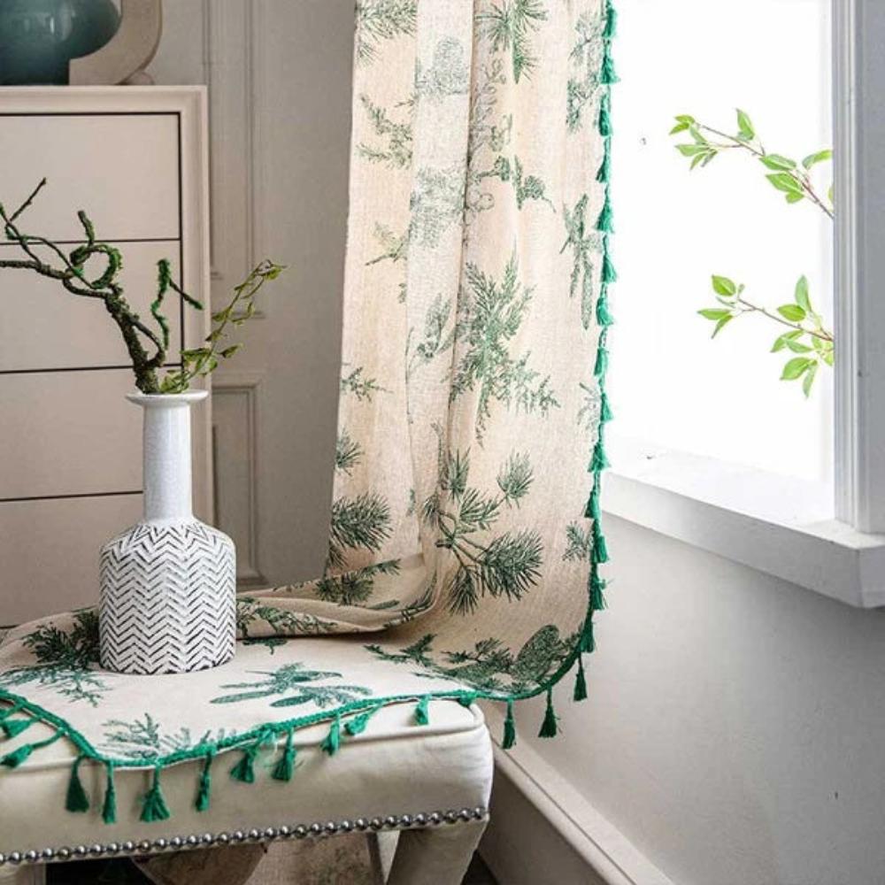 Bora Curtain Panel | Linen Blend, Botanical Bird Print with Tassel Trim 3