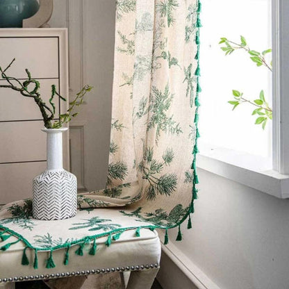 Bora Curtain Panel | Linen Blend, Botanical Bird Print with Tassel Trim 3