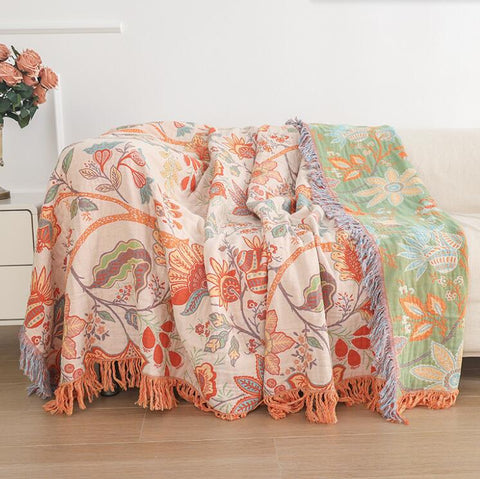 Florava - Boho Botanical Fringe Throw Blanket