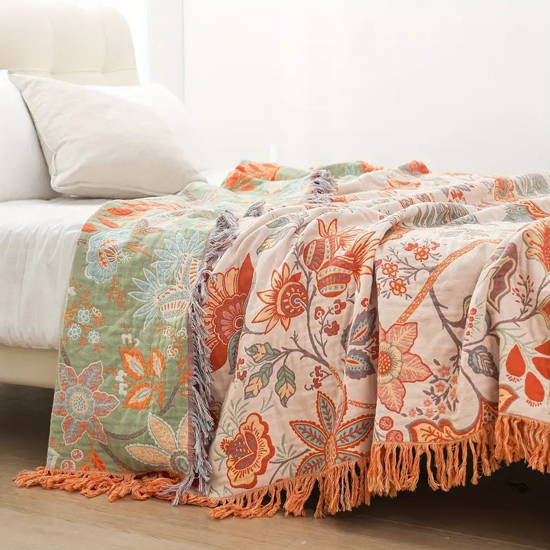 Florava - Boho Botanical Fringe Throw Blanket