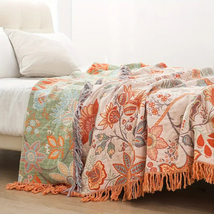Florava - Boho Botanical Fringe Throw Blanket