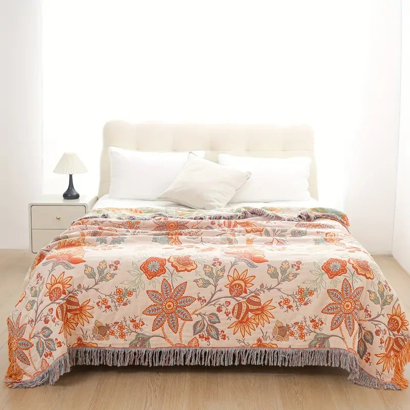Florava - Boho Botanical Fringe Throw Blanket