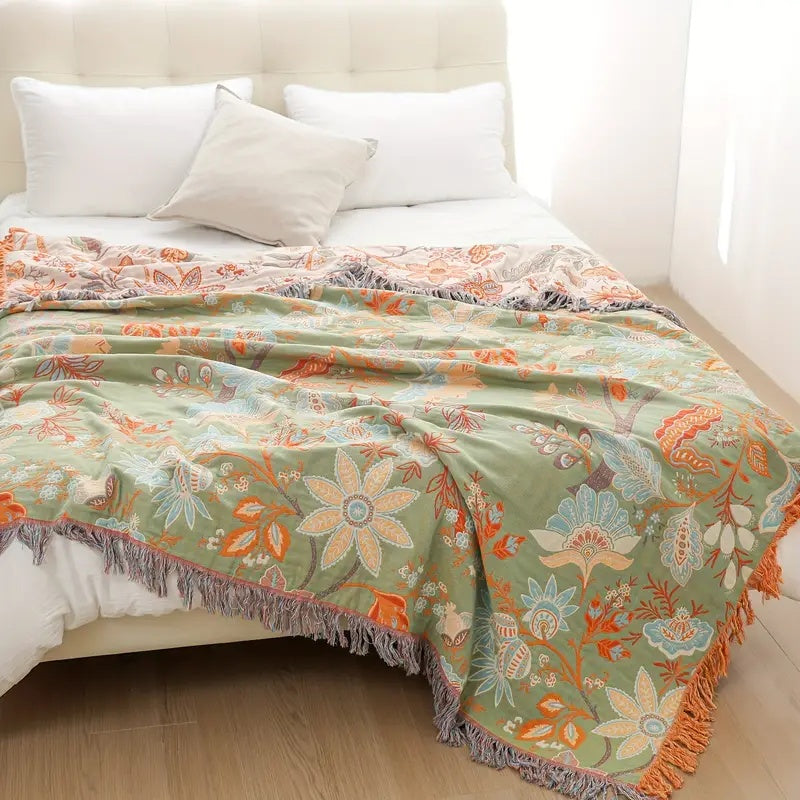 Florava - Boho Botanical Fringe Throw Blanket