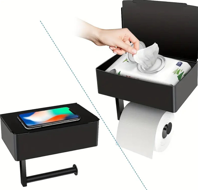 LooStash - Black Wall Mounted Toilet Paper Holder