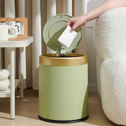 Luxe Oval Trash Can in sleek design with press-top lid and odour-sealing feature, perfect for modern interiors and effective waste management. 1