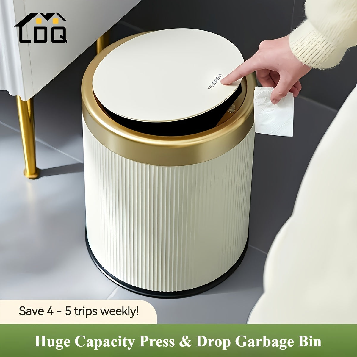 Luxe Oval Trash Can in sleek design with press-top lid and odour-sealing feature, perfect for modern interiors and effective waste management. 2
