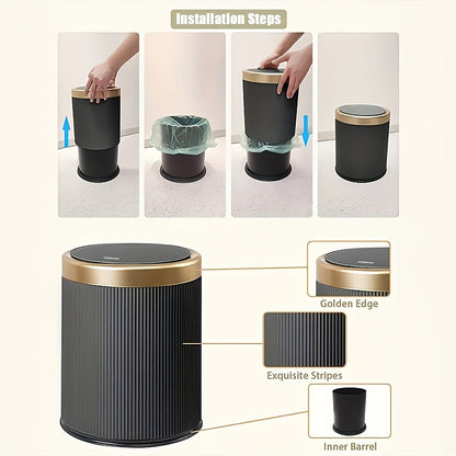 Luxe Oval Trash Can in sleek design with press-top lid and odour-sealing feature, perfect for modern interiors and effective waste management. 4
