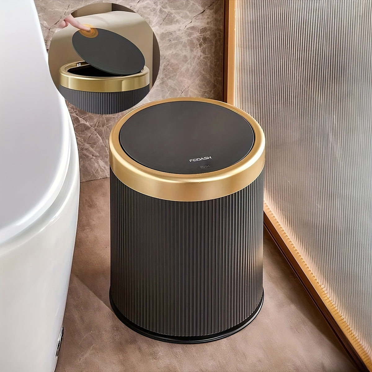 Luxe Oval Trash Can in sleek design with press-top lid and odour-sealing feature, perfect for modern interiors and effective waste management. 5