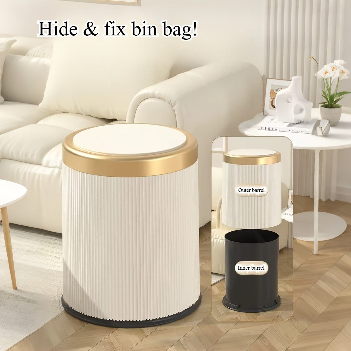 Luxe Oval Trash Can in sleek design with press-top lid and odour-sealing feature, perfect for modern interiors and effective waste management. 8