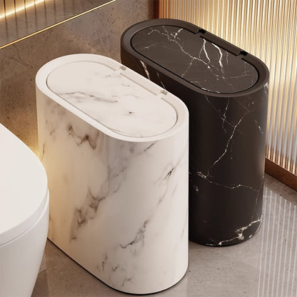 Mara Kitchen Trash Can with a modern marble pattern and space-saving oval design, perfect for contemporary kitchens. 10