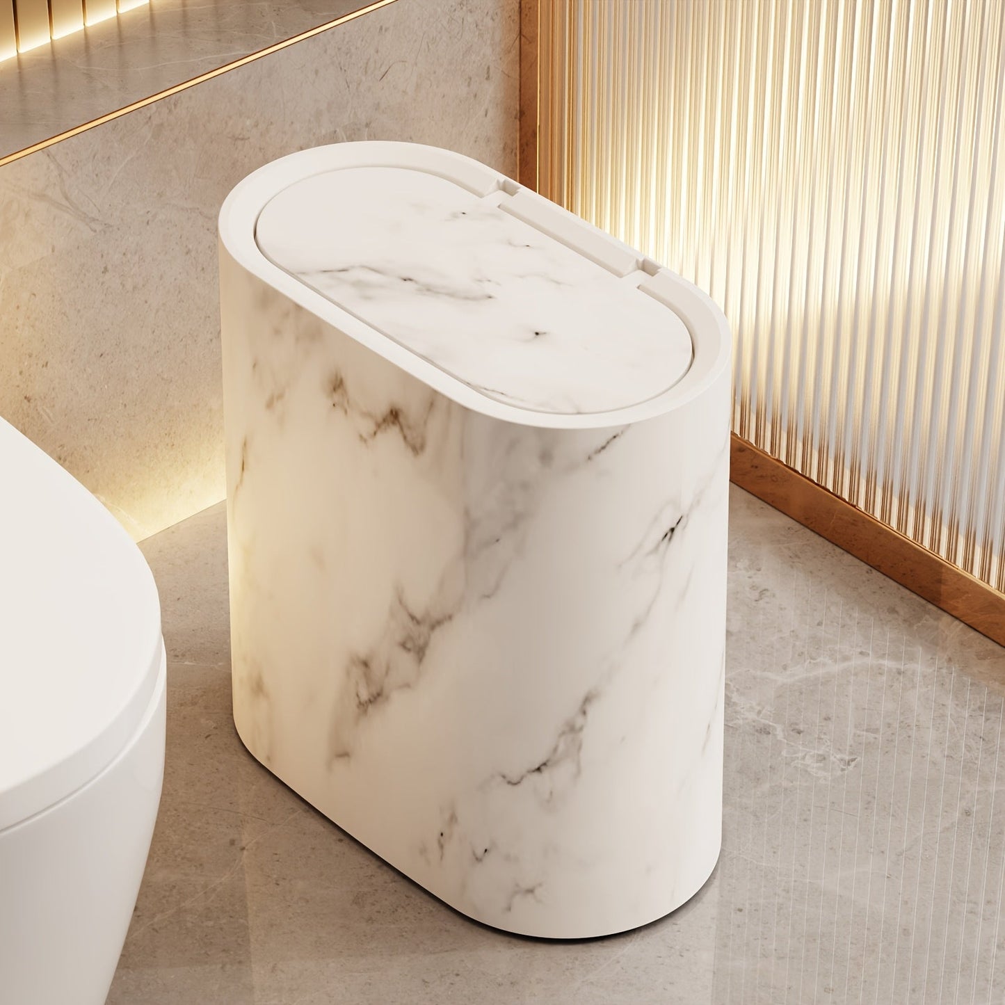 Mara Kitchen Trash Can with a modern marble pattern and space-saving oval design, perfect for contemporary kitchens. 2