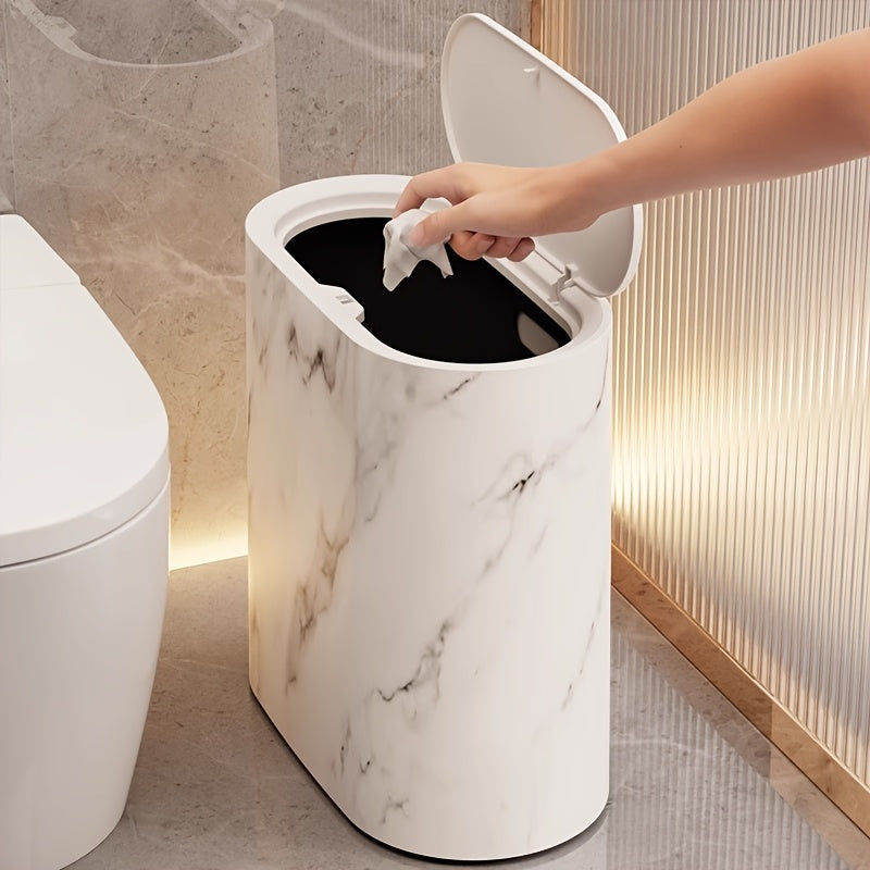 Mara Kitchen Trash Can with a modern marble pattern and space-saving oval design, perfect for contemporary kitchens. 3