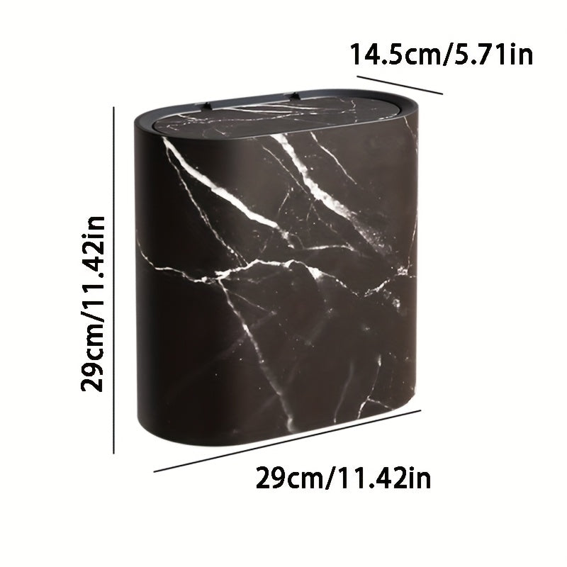 Mara Kitchen Trash Can with a modern marble pattern and space-saving oval design, perfect for contemporary kitchens. 4