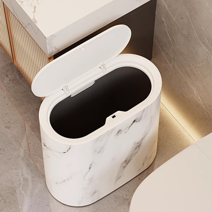 Mara Kitchen Trash Can with a modern marble pattern and space-saving oval design, perfect for contemporary kitchens. 5
