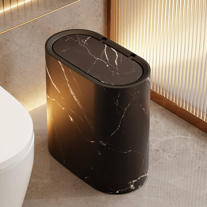 Mara Kitchen Trash Can with a modern marble pattern and space-saving oval design, perfect for contemporary kitchens. 7