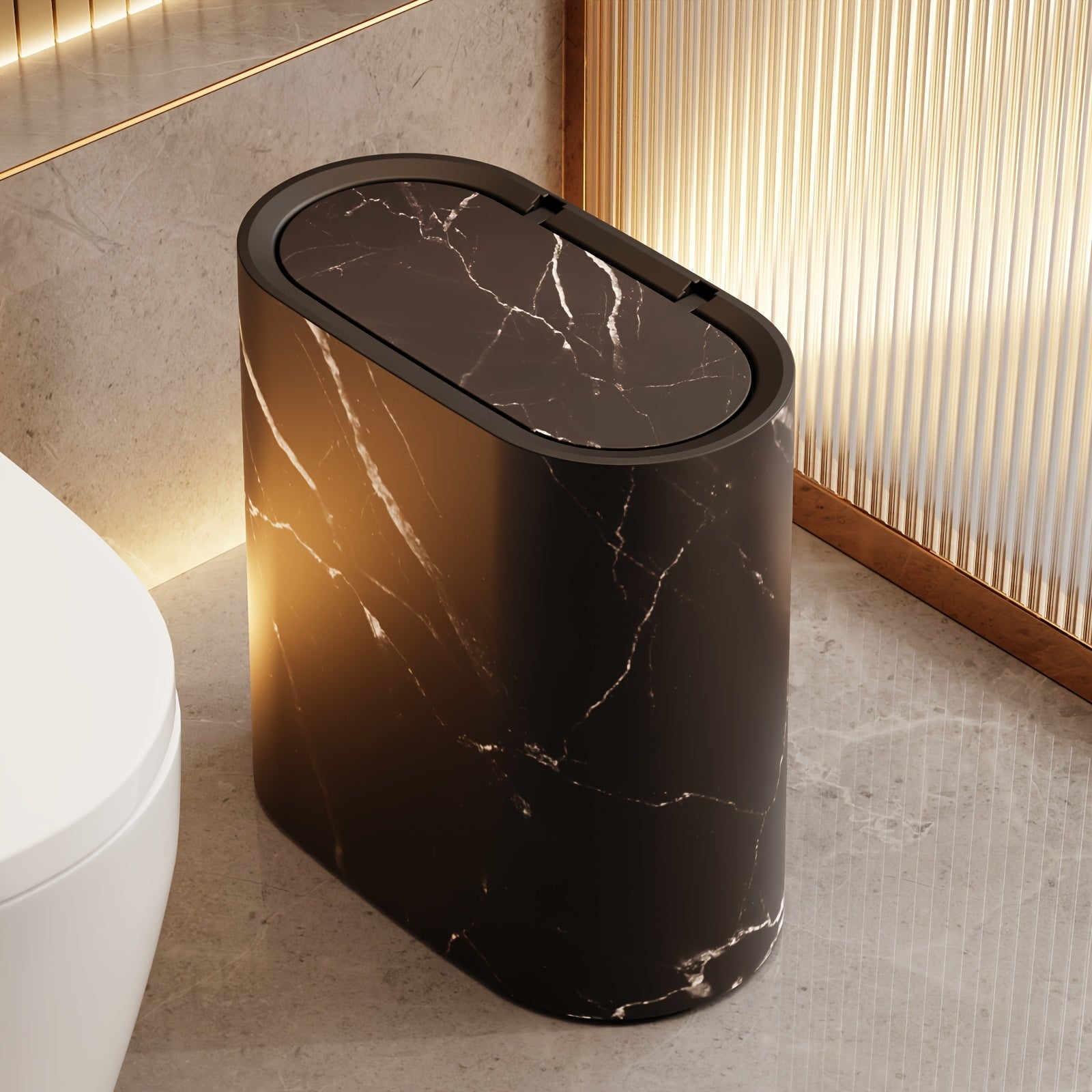 Mara Kitchen Trash Can with a modern marble pattern and space-saving oval design, perfect for contemporary kitchens. 9