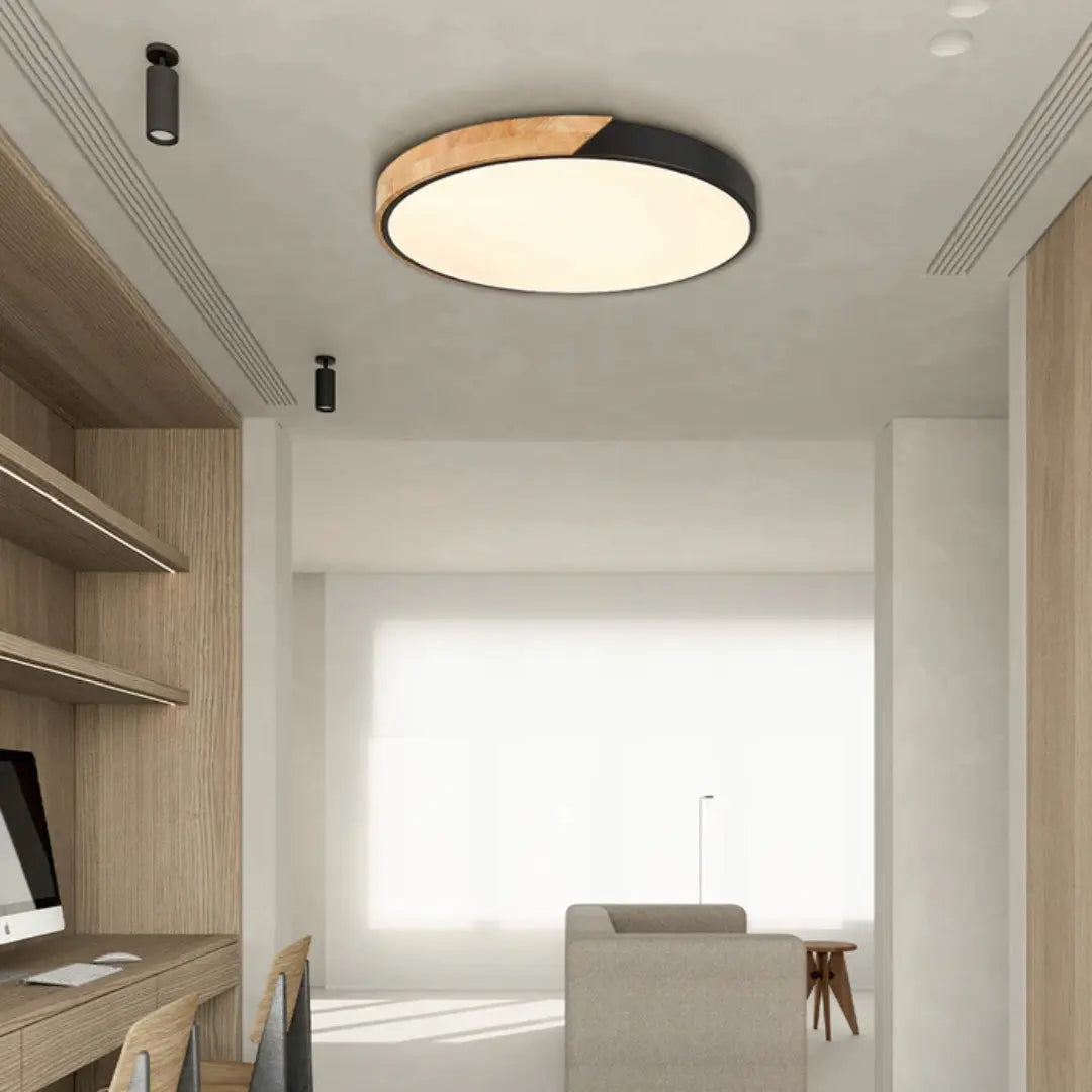 Sana Wooden Ceiling Light featuring a modern LED flush mount design, showcasing an energy-efficient wooden structure ideal for contemporary home decor. 1