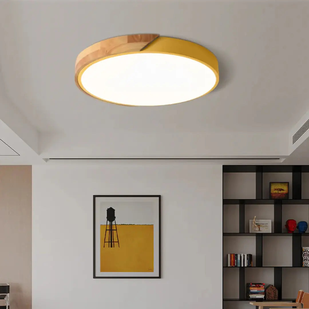 Sana Wooden Ceiling Light featuring a modern LED flush mount design, showcasing an energy-efficient wooden structure ideal for contemporary home decor. 3
