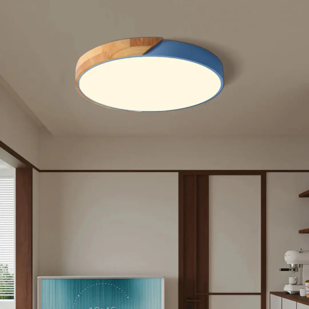 Sana Wooden Ceiling Light featuring a modern LED flush mount design, showcasing an energy-efficient wooden structure ideal for contemporary home decor. 7