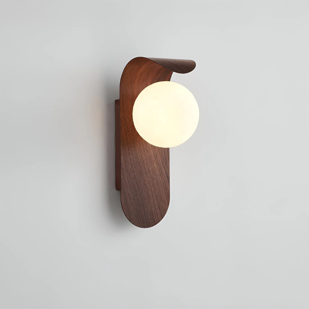 LED wood globe wall sconce featuring a minimalist design, perfect for modern home decor, providing stylish illumination. 1
