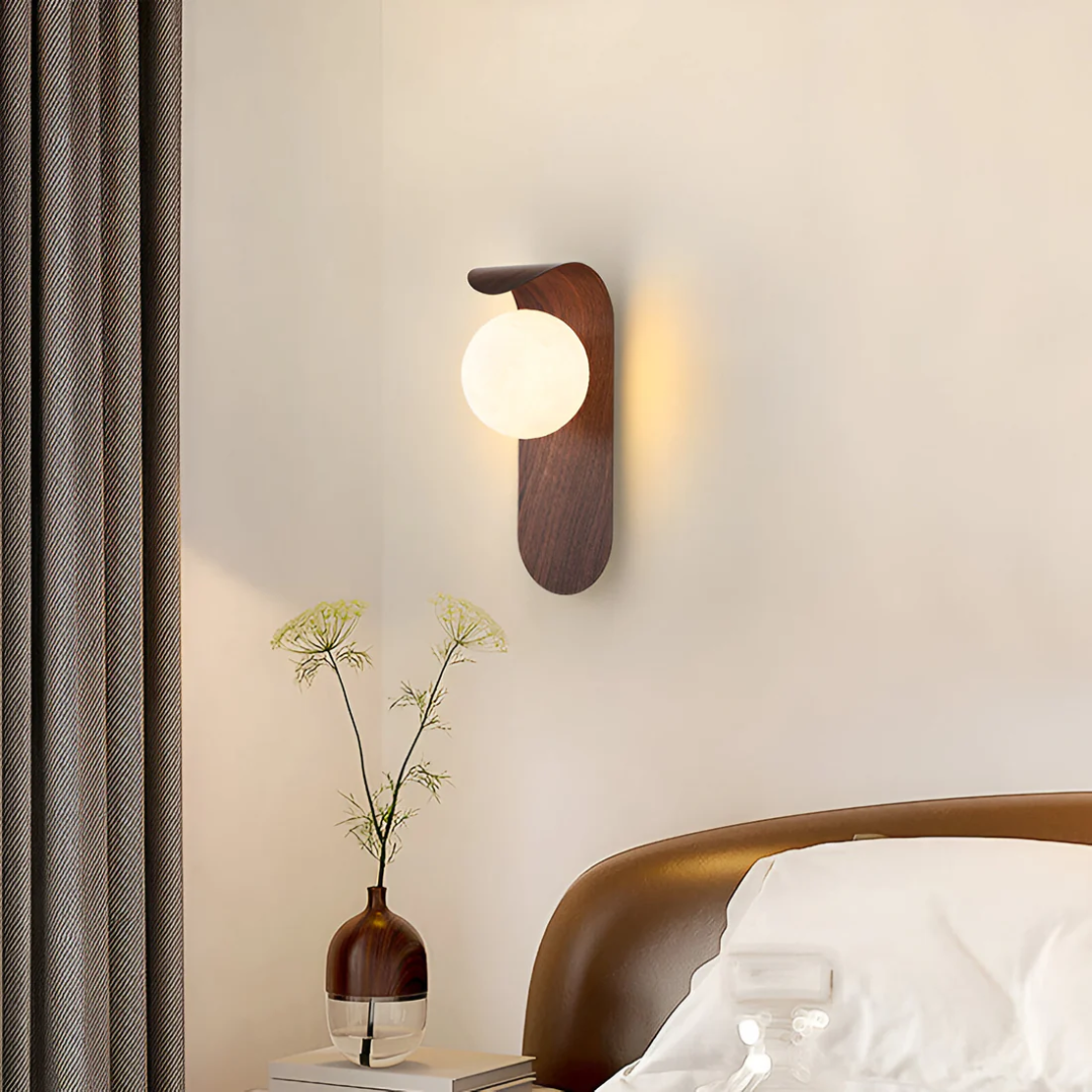 LED wood globe wall sconce featuring a minimalist design, perfect for modern home decor, providing stylish illumination. 2